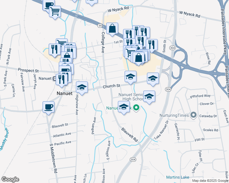 map of restaurants, bars, coffee shops, grocery stores, and more near 76 Church Street in Nanuet