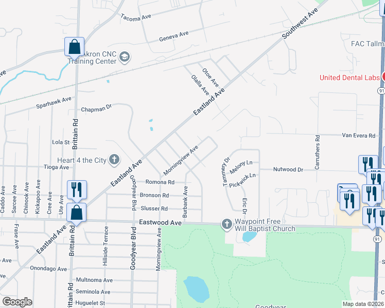 map of restaurants, bars, coffee shops, grocery stores, and more near 1647 Nutwood Road in Akron