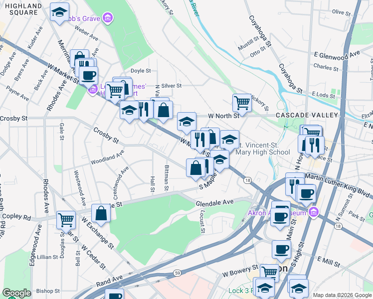 map of restaurants, bars, coffee shops, grocery stores, and more near 275 West Market Street in Akron