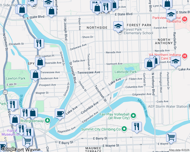 map of restaurants, bars, coffee shops, grocery stores, and more near 1057 Tennessee Avenue in Fort Wayne