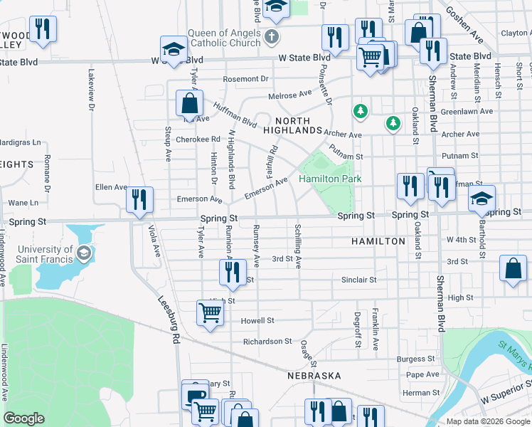 map of restaurants, bars, coffee shops, grocery stores, and more near 1619 Rumsey Avenue in Fort Wayne