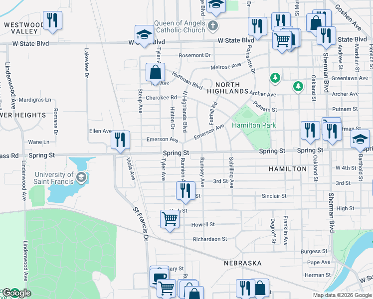 map of restaurants, bars, coffee shops, grocery stores, and more near 1624 North Highlands Boulevard in Fort Wayne