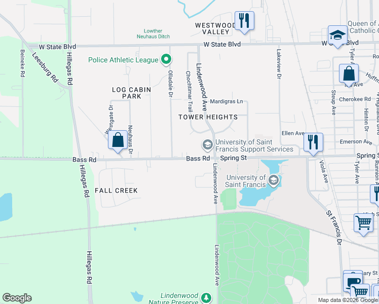 map of restaurants, bars, coffee shops, grocery stores, and more near 3222 Garcia Court in Fort Wayne