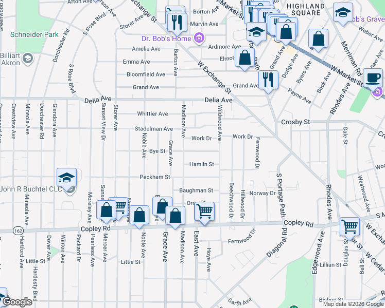 map of restaurants, bars, coffee shops, grocery stores, and more near 928 Bye Street in Akron