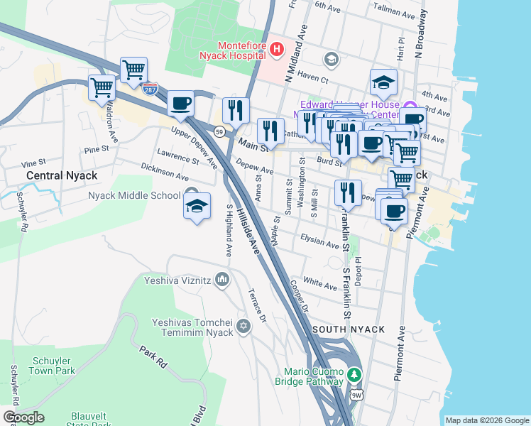 map of restaurants, bars, coffee shops, grocery stores, and more near 151 Cedar Hill Avenue in Nyack