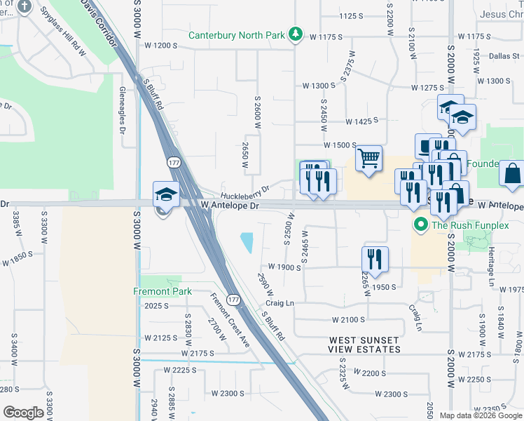map of restaurants, bars, coffee shops, grocery stores, and more near 2578 West 1700 South in Syracuse