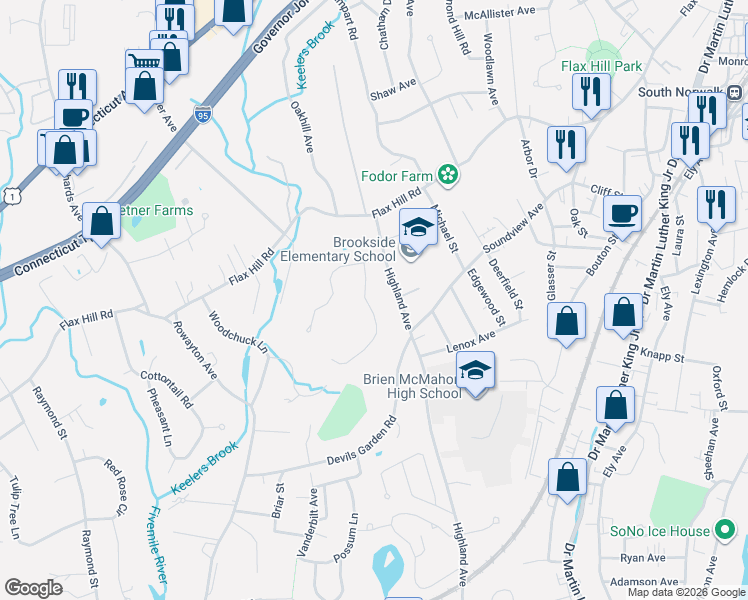 map of restaurants, bars, coffee shops, grocery stores, and more near 377 Highland Avenue in Norwalk