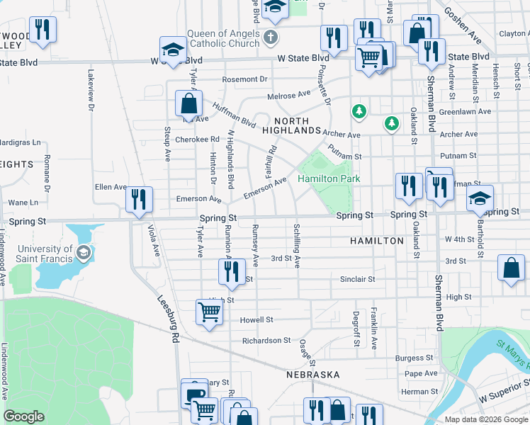 map of restaurants, bars, coffee shops, grocery stores, and more near 1619 Rumsey Avenue in Fort Wayne