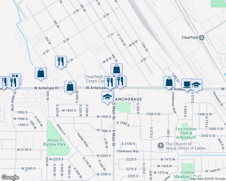 map of restaurants, bars, coffee shops, grocery stores, and more near 7 West 1700 South in Clearfield