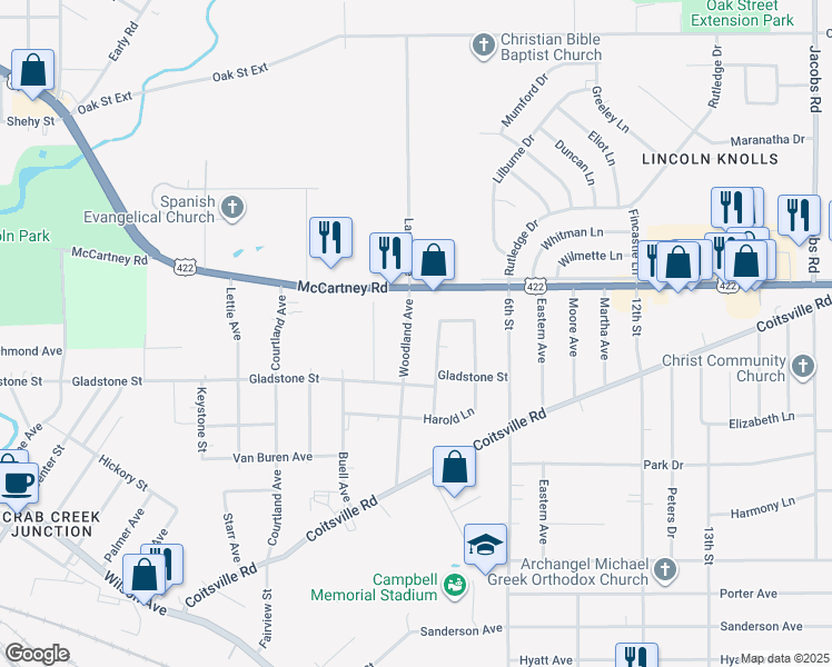 map of restaurants, bars, coffee shops, grocery stores, and more near 161 Woodland Avenue in Campbell