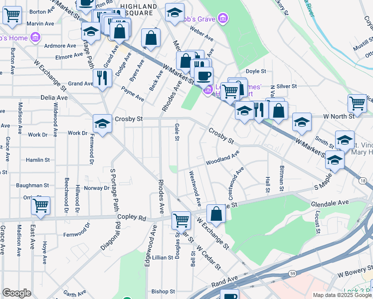 map of restaurants, bars, coffee shops, grocery stores, and more near in Akron