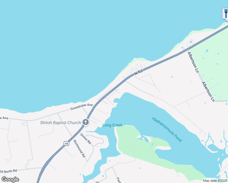 map of restaurants, bars, coffee shops, grocery stores, and more near 53850 North Road in Southold