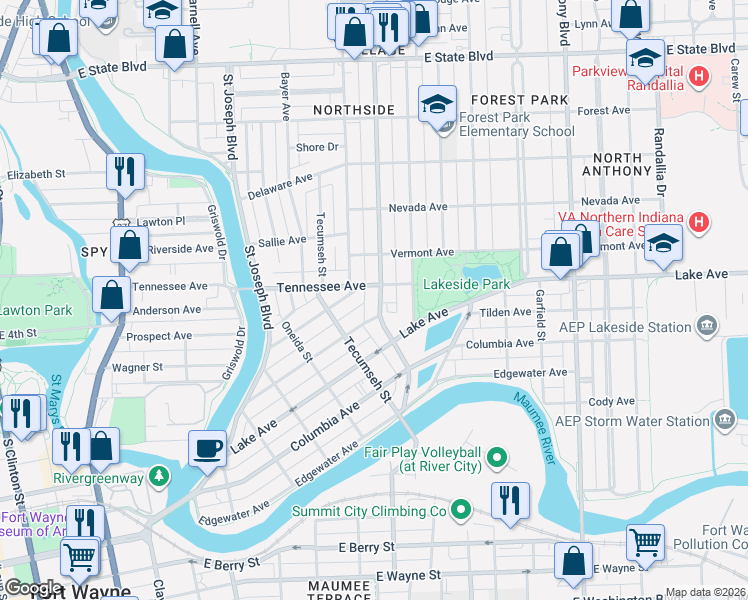 map of restaurants, bars, coffee shops, grocery stores, and more near 1503 Crescent Avenue in Fort Wayne