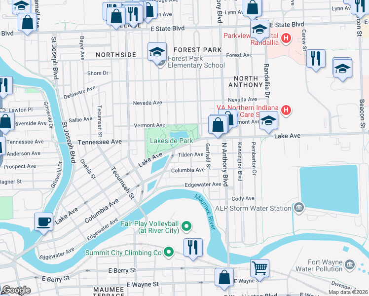 map of restaurants, bars, coffee shops, grocery stores, and more near 1200 Lake Avenue in Fort Wayne