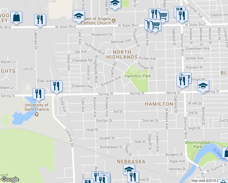 map of restaurants, bars, coffee shops, grocery stores, and more near 1601 Fairhill Road in Fort Wayne