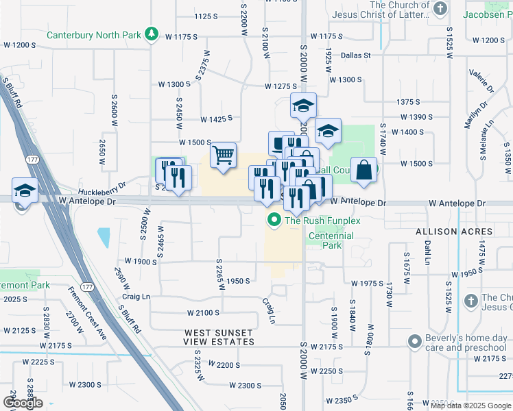 map of restaurants, bars, coffee shops, grocery stores, and more near 2207 Utah 127 in Syracuse