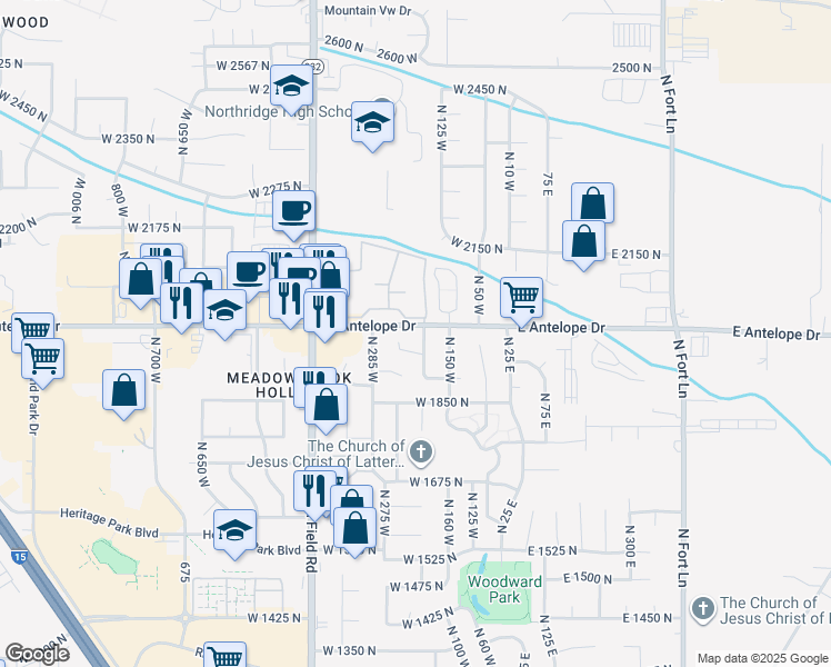 map of restaurants, bars, coffee shops, grocery stores, and more near 1985 North 200 West in Layton