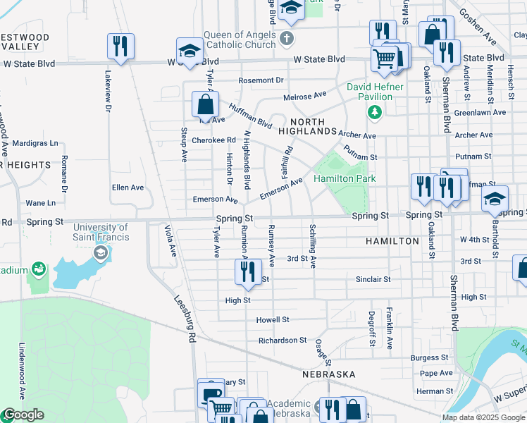 map of restaurants, bars, coffee shops, grocery stores, and more near 1710 Spring Street in Fort Wayne