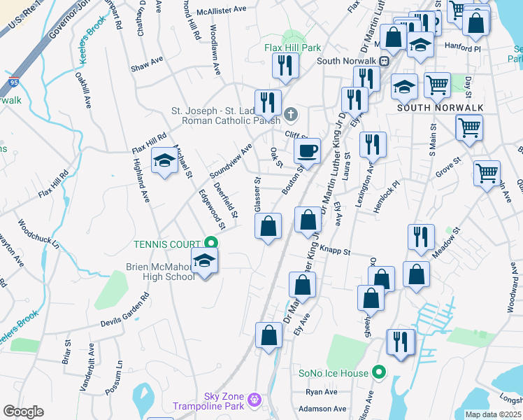 map of restaurants, bars, coffee shops, grocery stores, and more near 29 Glasser Street in Norwalk