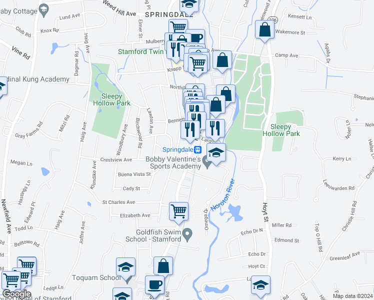map of restaurants, bars, coffee shops, grocery stores, and more near 898 Hope Street in Stamford