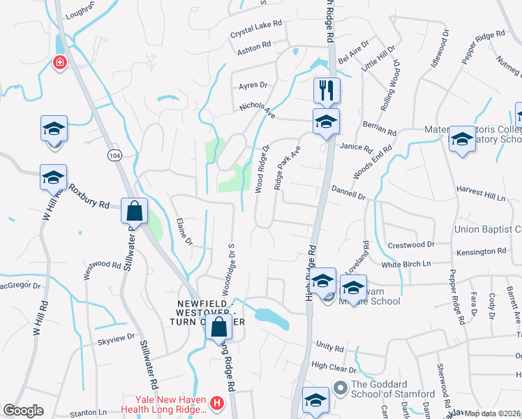 map of restaurants, bars, coffee shops, grocery stores, and more near 119 Wood Ridge Drive in Stamford