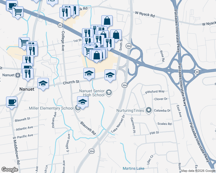 map of restaurants, bars, coffee shops, grocery stores, and more near 143 Church Street in Nanuet