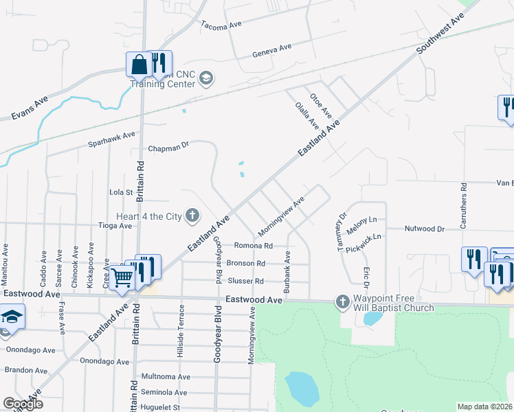map of restaurants, bars, coffee shops, grocery stores, and more near 1595 Juniata Road in Akron