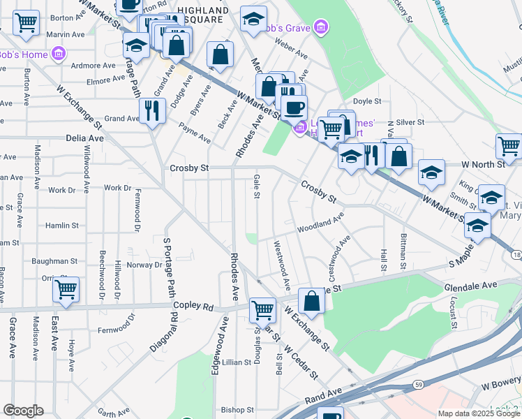 map of restaurants, bars, coffee shops, grocery stores, and more near in Akron