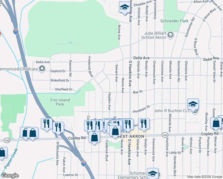 map of restaurants, bars, coffee shops, grocery stores, and more near 730 Seward Avenue in Akron