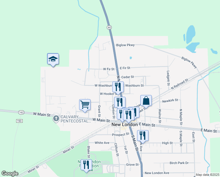 map of restaurants, bars, coffee shops, grocery stores, and more near 29 Westwood Drive in New London
