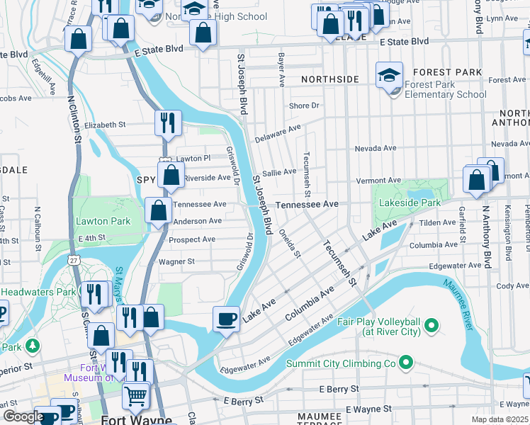 map of restaurants, bars, coffee shops, grocery stores, and more near 915 Tennessee Avenue in Fort Wayne