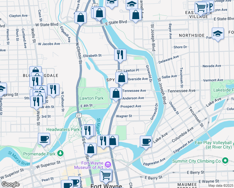 map of restaurants, bars, coffee shops, grocery stores, and more near 1613 Spy Run Avenue in Fort Wayne