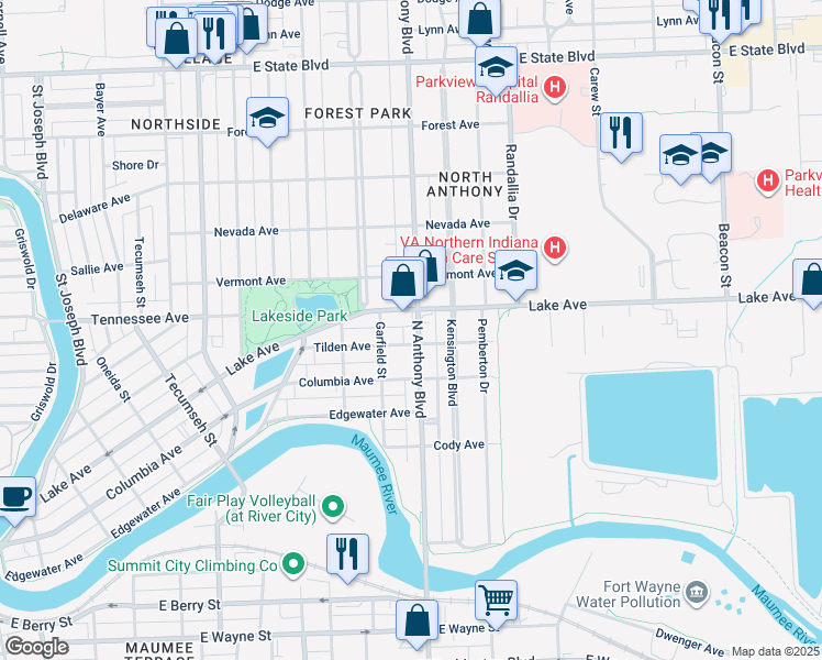 map of restaurants, bars, coffee shops, grocery stores, and more near 1413 North Anthony Boulevard in Fort Wayne