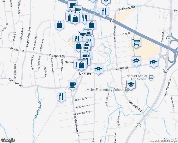 map of restaurants, bars, coffee shops, grocery stores, and more near 210 Main Street in Nanuet