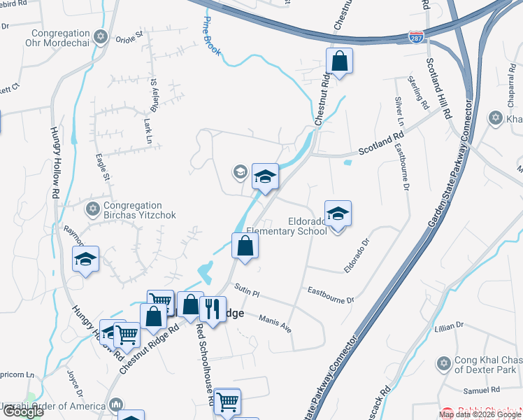 map of restaurants, bars, coffee shops, grocery stores, and more near 711 Chestnut Ridge Road in Chestnut Ridge