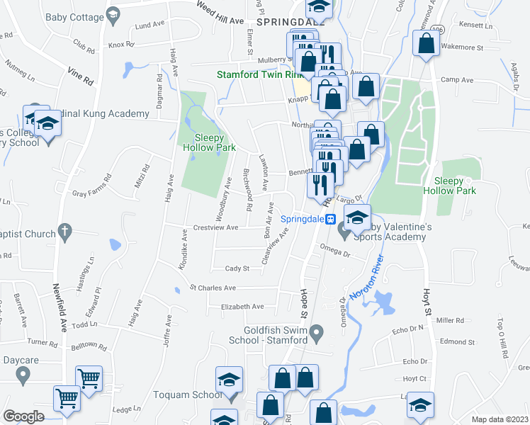 map of restaurants, bars, coffee shops, grocery stores, and more near 44 Bon Air Avenue in Stamford