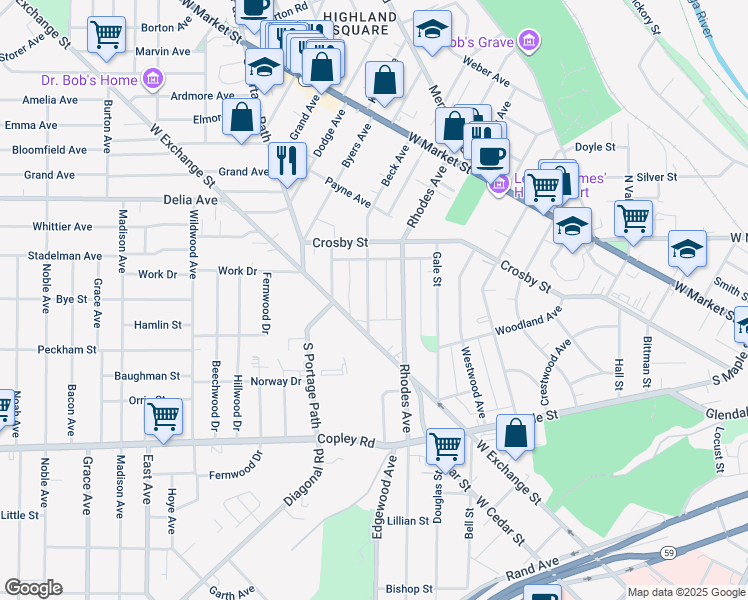map of restaurants, bars, coffee shops, grocery stores, and more near 203 Beck Avenue in Akron