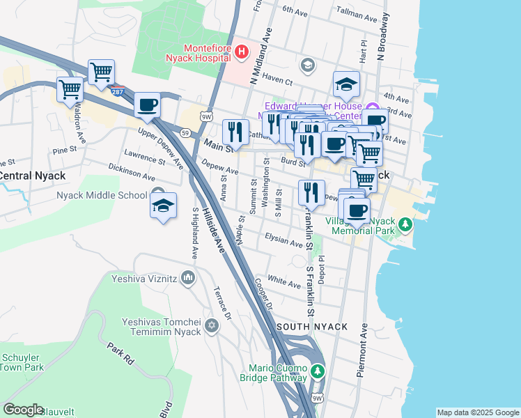 map of restaurants, bars, coffee shops, grocery stores, and more near 53 Washington Street in Nyack