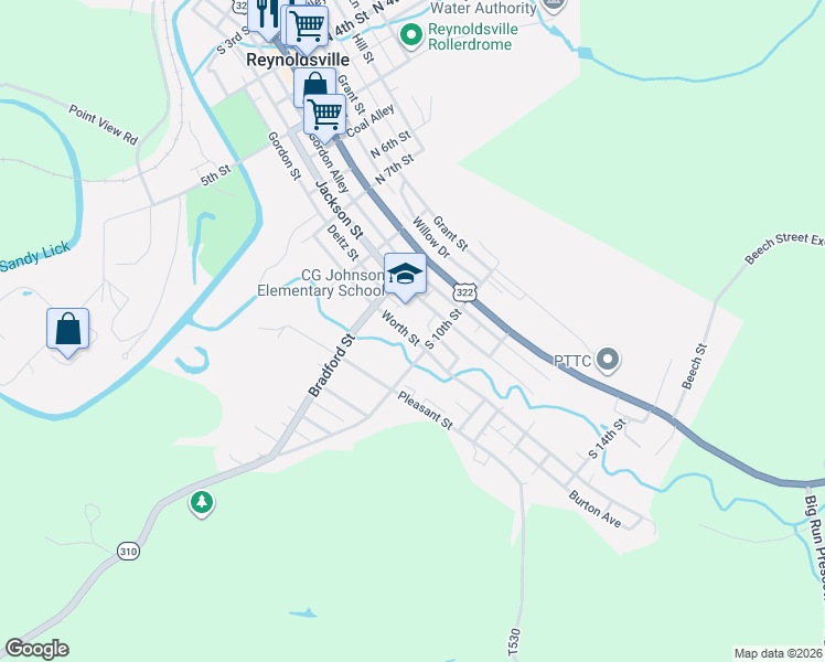 map of restaurants, bars, coffee shops, grocery stores, and more near 941-955 Deitz Street in Reynoldsville