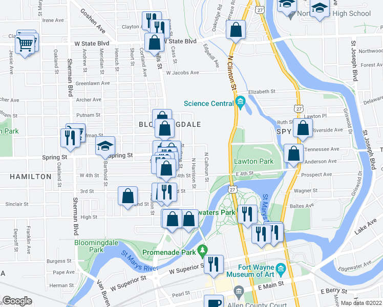 map of restaurants, bars, coffee shops, grocery stores, and more near 1615 North Harrison Street in Fort Wayne