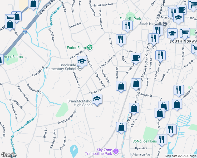 map of restaurants, bars, coffee shops, grocery stores, and more near 7 Edgewood Street in Norwalk