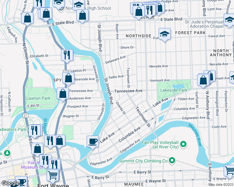 map of restaurants, bars, coffee shops, grocery stores, and more near 1419 Oneida Street in Fort Wayne