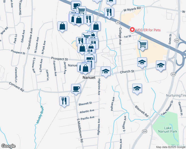 map of restaurants, bars, coffee shops, grocery stores, and more near 210 Main Street in Nanuet