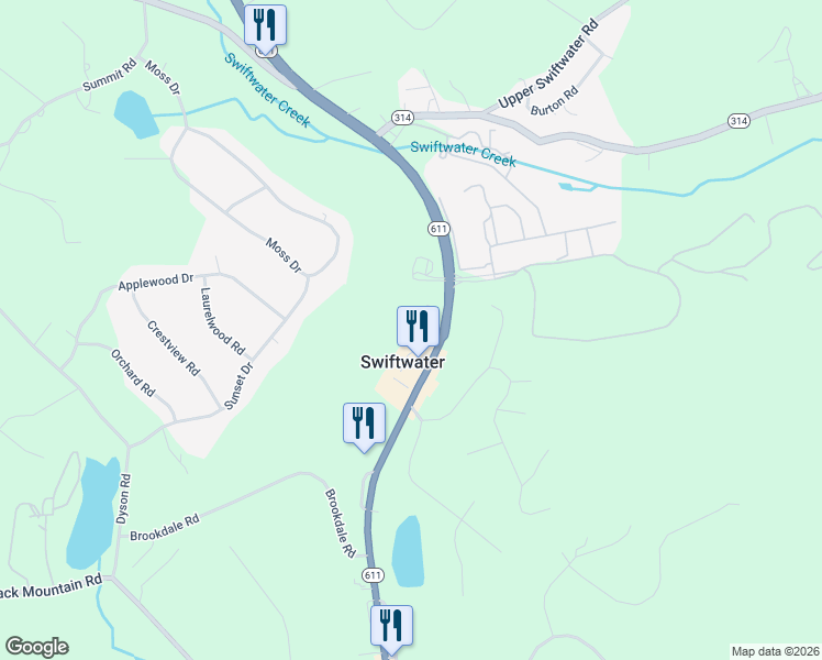 map of restaurants, bars, coffee shops, grocery stores, and more near 2455 Brookdale Road in Swiftwater