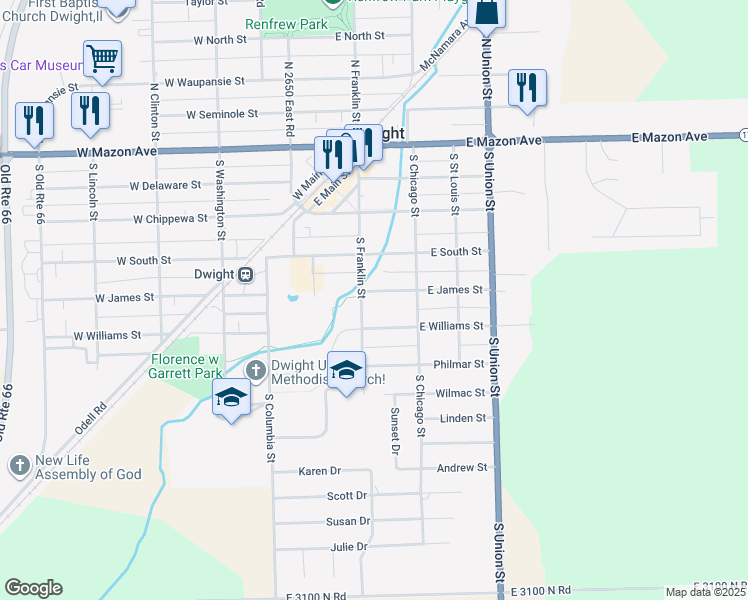 map of restaurants, bars, coffee shops, grocery stores, and more near 206 East James Street in Dwight