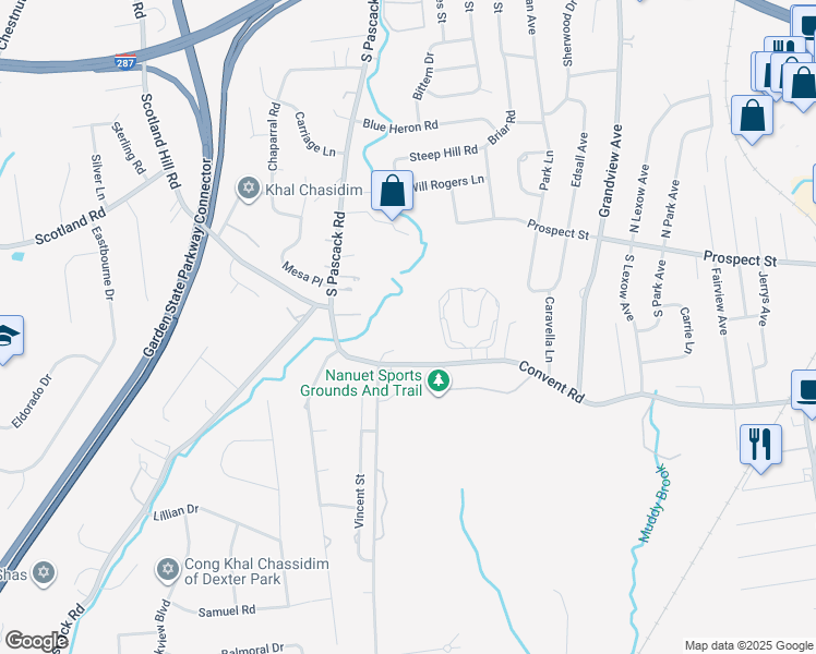 map of restaurants, bars, coffee shops, grocery stores, and more near 154 Convent Road in Nanuet