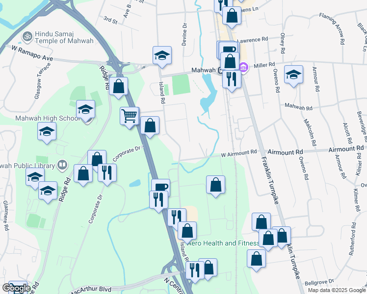 map of restaurants, bars, coffee shops, grocery stores, and more near 195 Island Road in Mahwah
