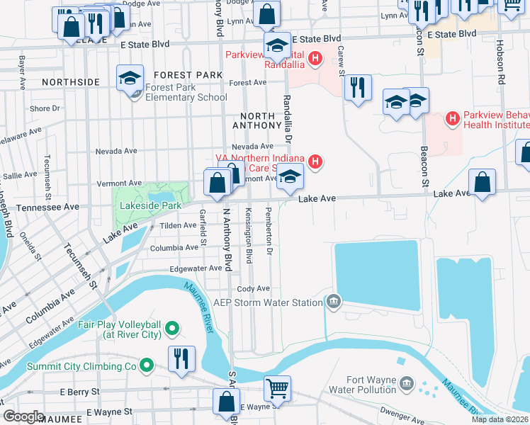 map of restaurants, bars, coffee shops, grocery stores, and more near 1415 Pemberton Drive in Fort Wayne