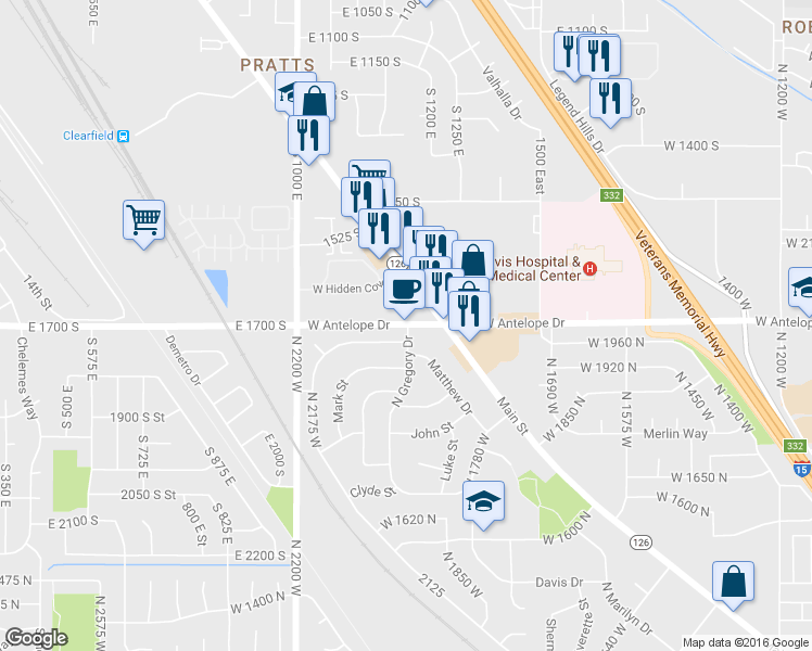 map of restaurants, bars, coffee shops, grocery stores, and more near 1985 West Antelope Drive in Layton