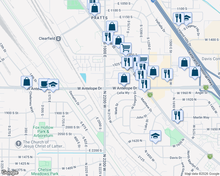 map of restaurants, bars, coffee shops, grocery stores, and more near 2161 Antelope Drive in Layton